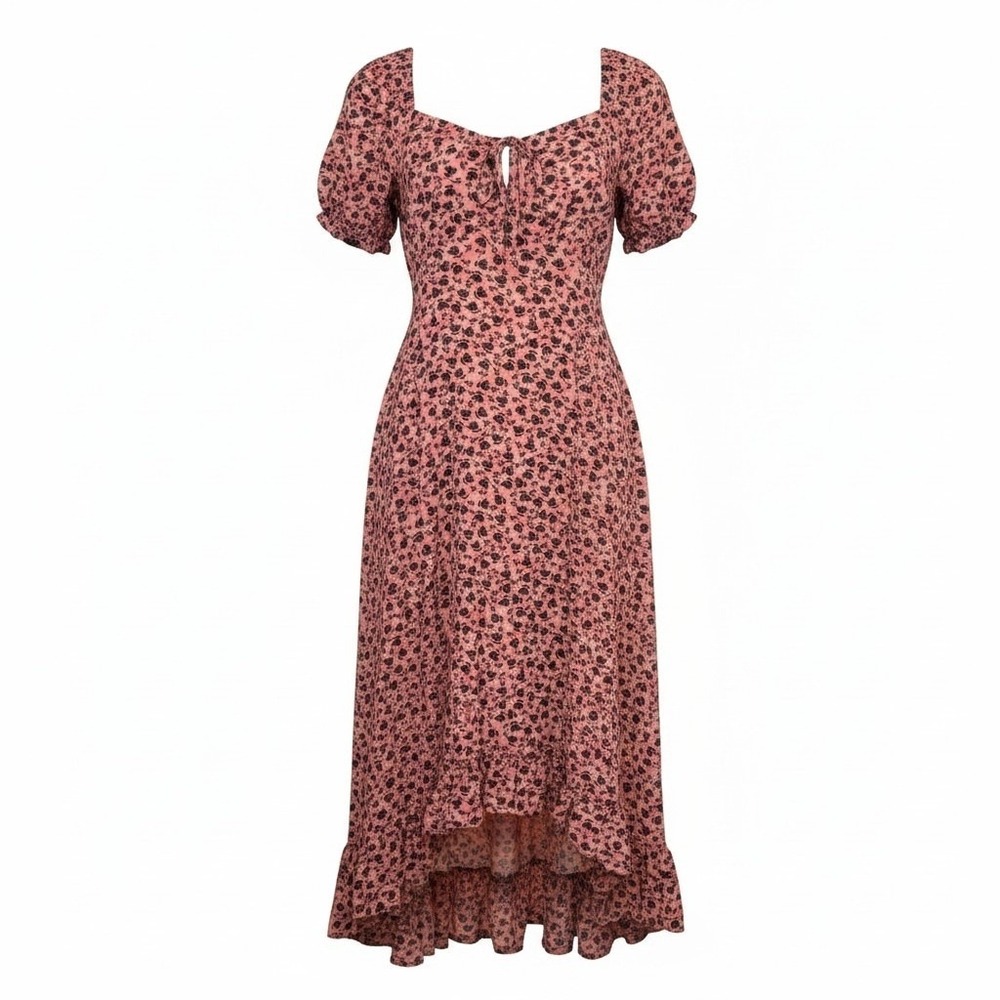 Patrons of Peace Muted Pink Floral Midi Dress Puff Sleeve Size M Cottage